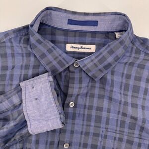 Tommy Bahama Button Down Shirt Mens XL Blue Plaid Cotton Silk Long Sleeve 8451